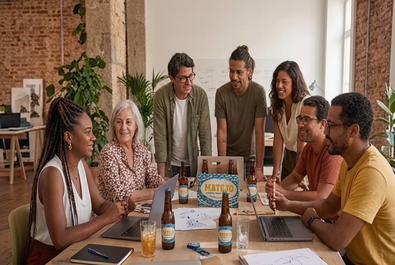 Colegas de diferentes idades a conversar numa mesa de co-working