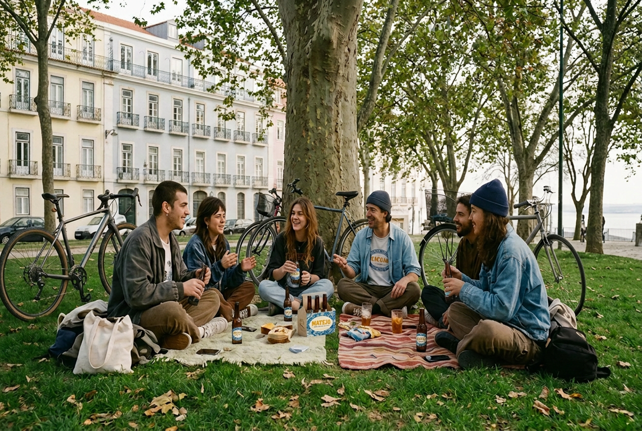 Grupo misto de amigos num piquenique junto às bicicletas